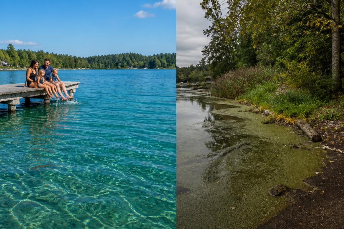 Comparison of clean lake versus overgrown weedy shoreline
