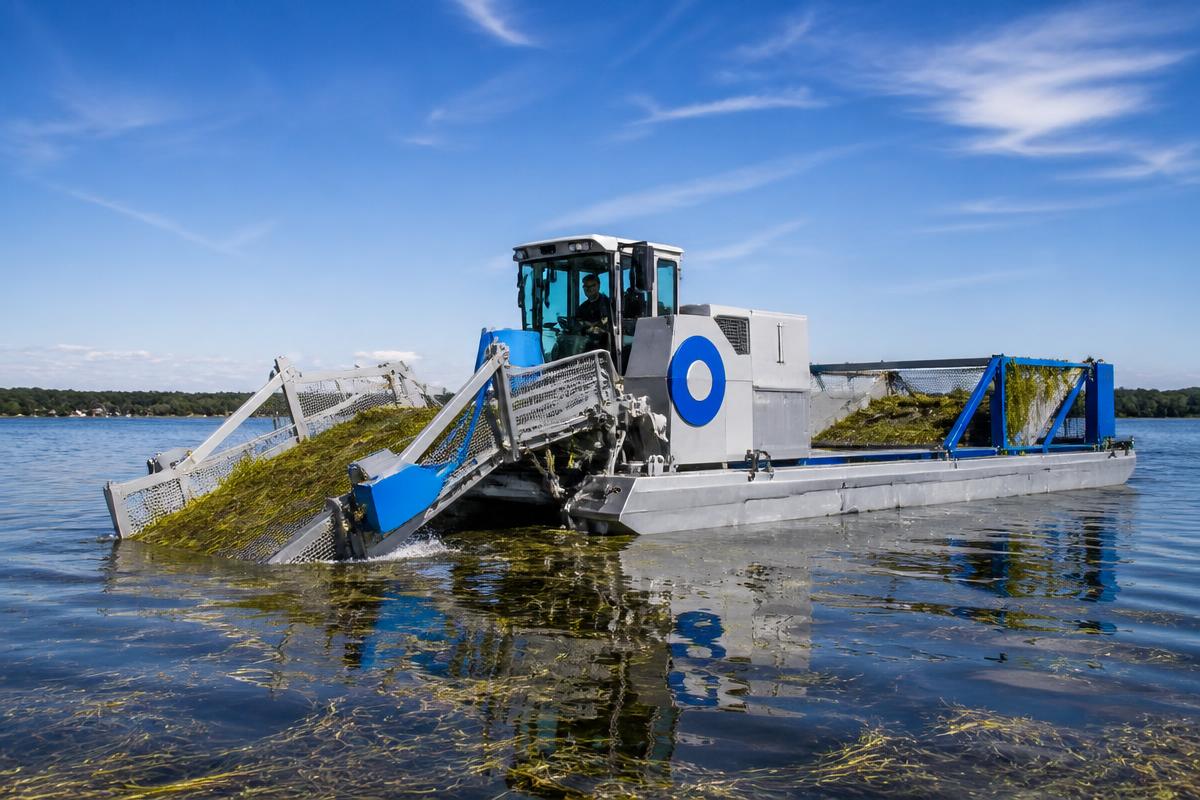 Aquatic weed harvesting machine clearing weeds from a lake